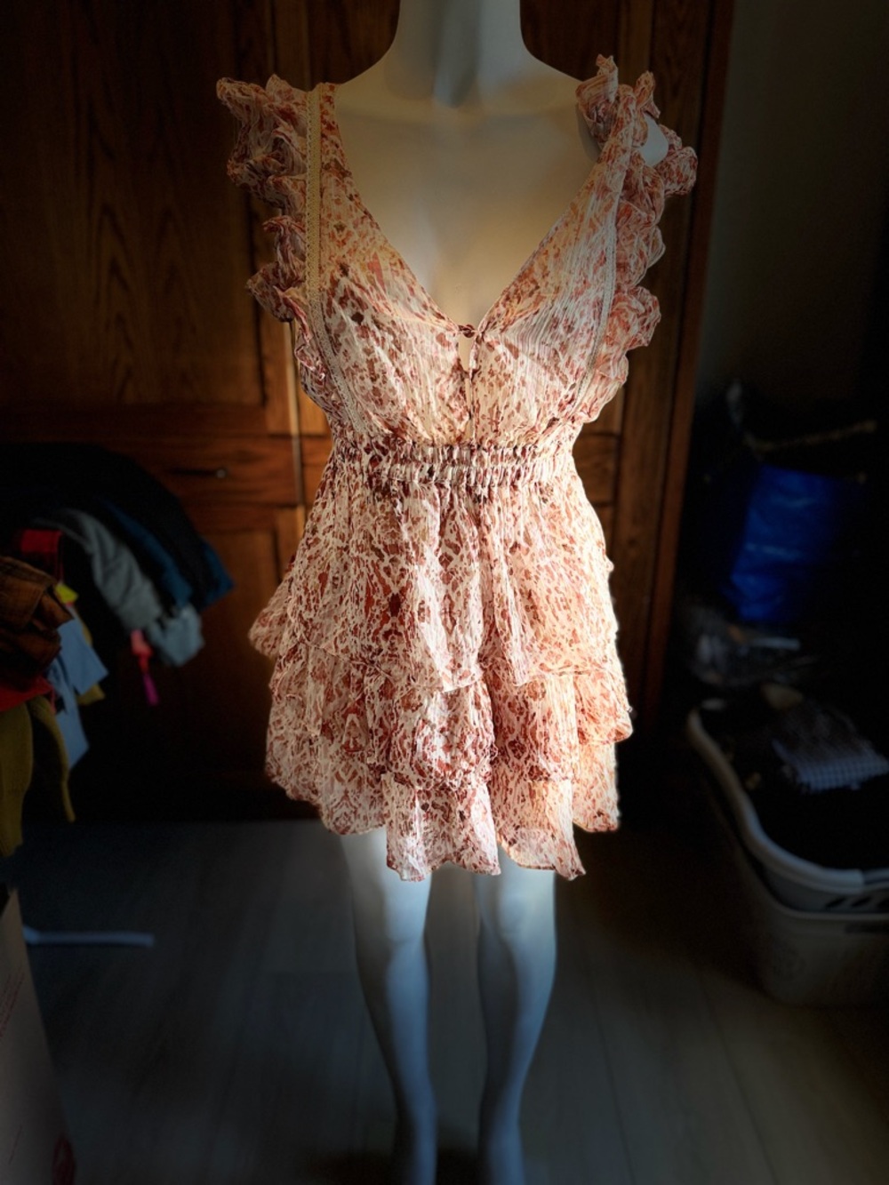 Olivaceous Peach Floral Ruffle Tiered Mini Dress